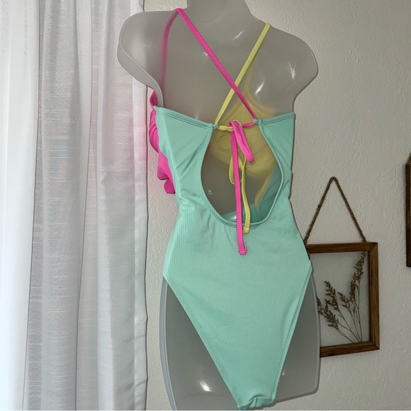 Xhilaration Size L Pink yellow and Mint one piece Swimsuit Y2K 90’s inspired NEW - Picture 3 of 7